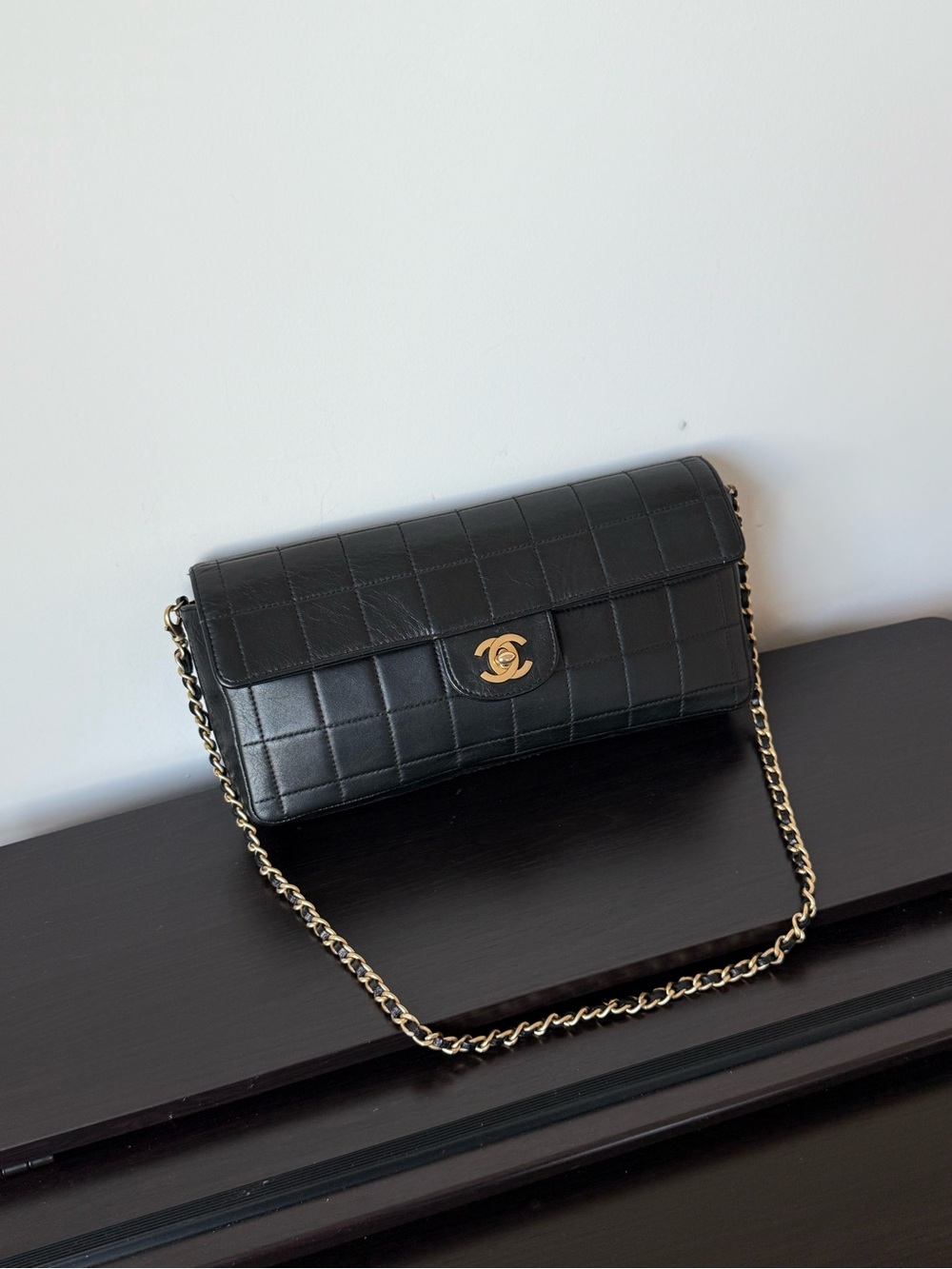 CHANEL Black Lambskin Chocolate Bar East West Flap GHW